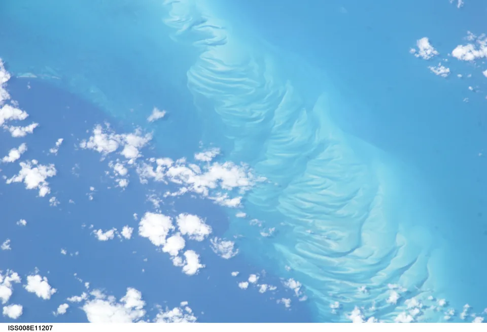 NASA astronaut photograph of ocean channels in the Bahamas